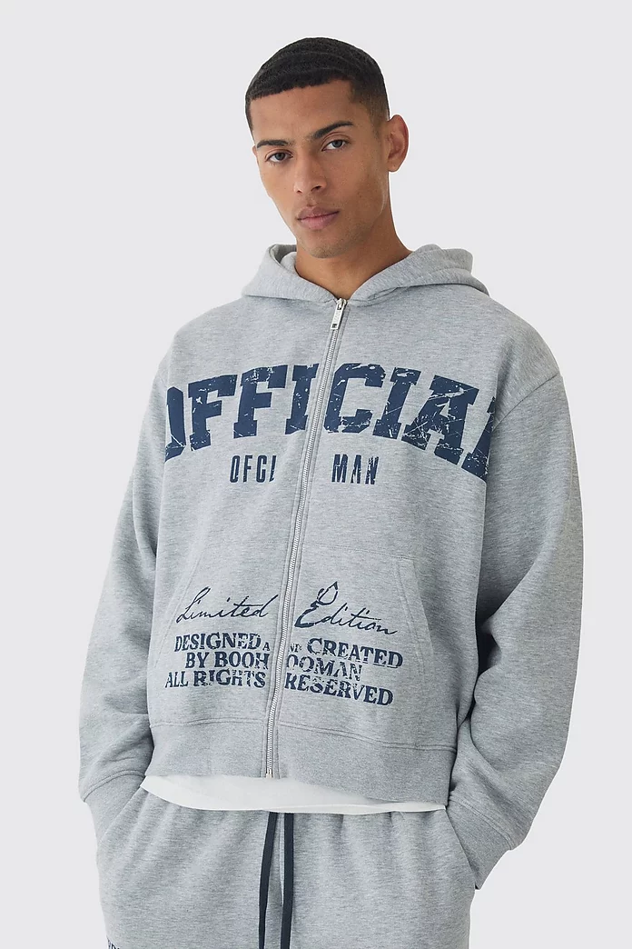 Oversized Boxy Offcl Print Zip Through Hoodie | boohooMAN USA Oversized Boxy Offcl Print Zip Through Hoodie | boohooMAN USA